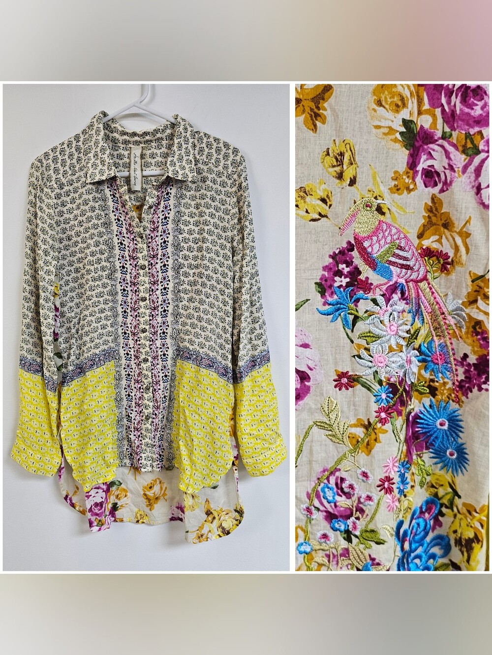 Aratta Silent Journey Button Down Floral Bird Embroidered High Low Tunic Top